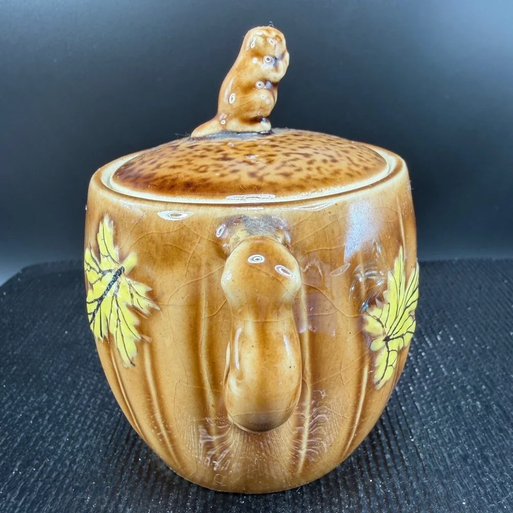 Vintage Shafford‎ 1951 Squirrel Maple Leaf Ceramic Sugar Bowl with Lid Brown VTG